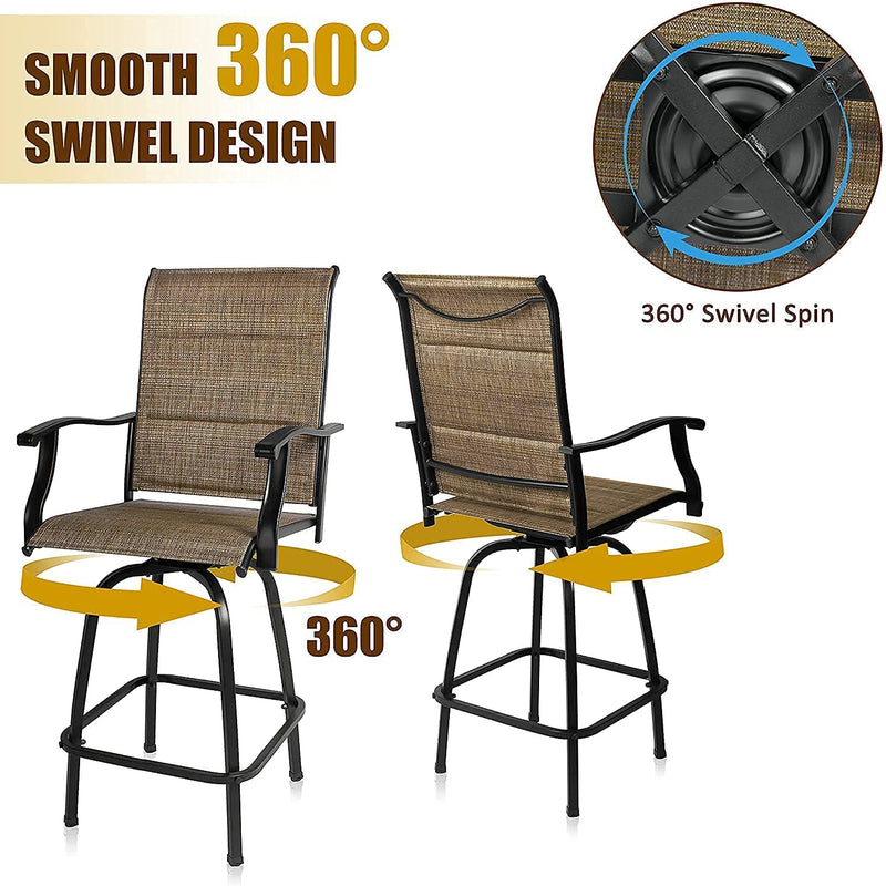 Bigroof Patio Bar Swivel Stools with High Back and Armrest, Padded Textilene 360° Swivel Chairs with Wook Like Top Table, Outdoor Furniture Set (2/4 Chairs) - bigroofus