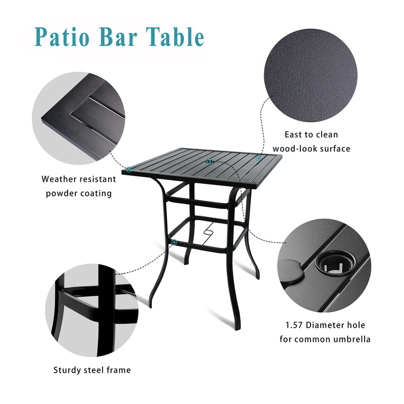 Bigroof Patio 31.5" x 31.5" Large Square High Bar Table with Wood Like Top, 1.57" Umbrella Hole and Metal Frame for 2 or 4 Person