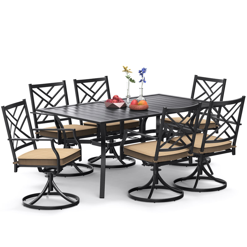 Bigroof 7 Piece Metal Outdoor Patio Dining Sets for 6, Swivel Chairs with Cushion and Steel 63" Rectangle Table with Umbrella Hole