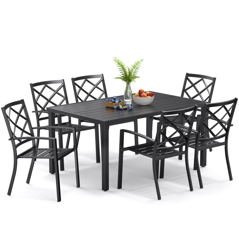 Bigroof 7 Piece Metal Outdoor Patio Dining Sets for 6, Stackable Chairs and Steel 60" Rectangle Table with Umbrella Hole