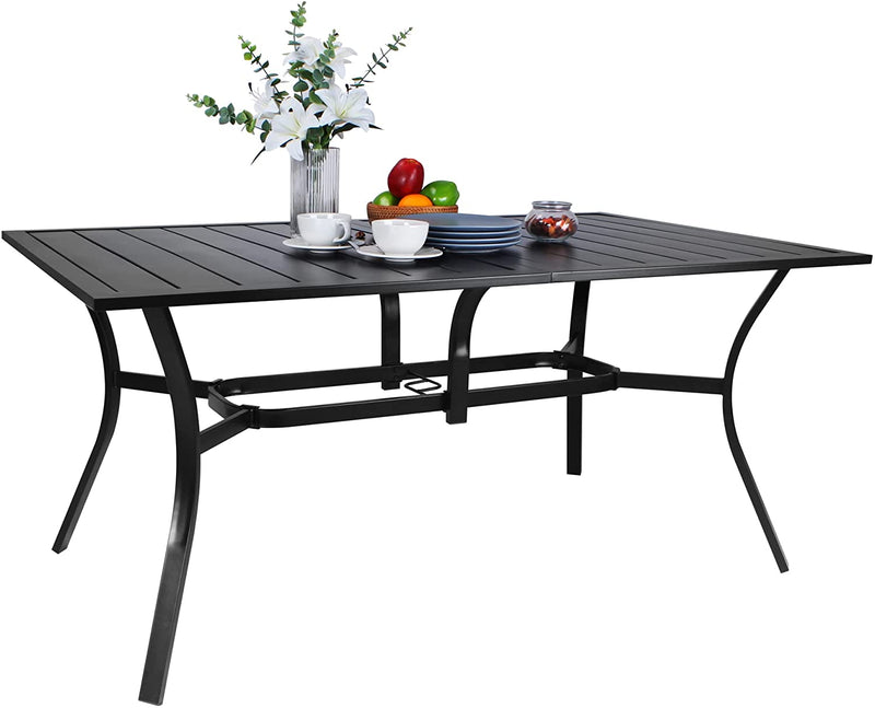 Bigroof Outdoor Table 63" Patio Metal Steel Classic Rectangle Black Dining Table with 1.57" Umbrella Hole for Garden, Backyard, Deck (63'')