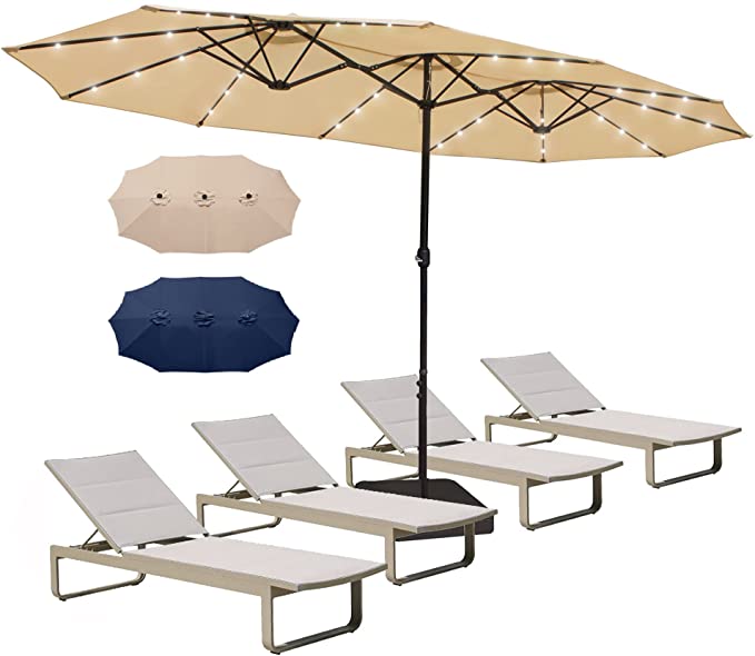 Bigroof 15ft Double-Sided Patio Umbrella with 36 LED Solar Lights, Twin Extra Large Umbrella with Crank Handle & Umbrella Base for Garden Market Pool Backyard