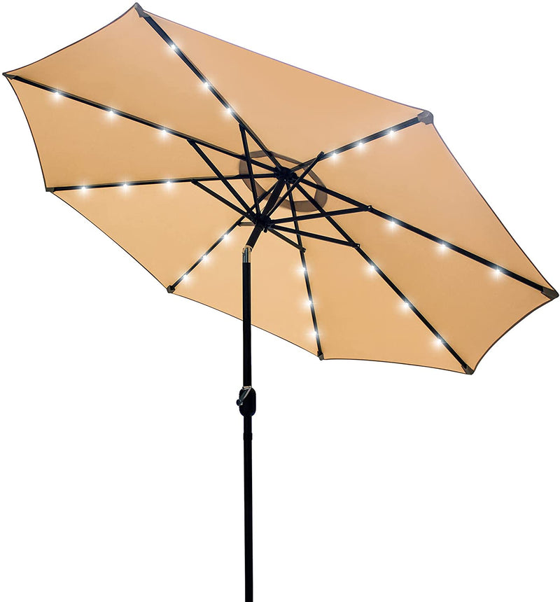 Bigroof 9ft Patio Umbrella with 24 Solar Powered LED Lights Outdoor Iron Market Umbrella with Tilt Adjustment System for Patio, Lawn, Deck, Poolside, Bistro & Garden, Beige