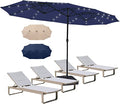 Bigroof 15ft Double-Sided Patio Umbrella with 36 LED Solar Lights, Twin Extra Large Umbrella with Crank Handle & Umbrella Base for Garden Market Pool Backyard