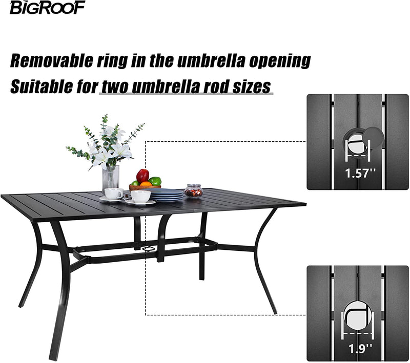 Bigroof 7 Piece Metal Outdoor Patio Dining Sets for 6, Stackable Chairs and 63" Classic Rectangle Table with Umbrella Hole