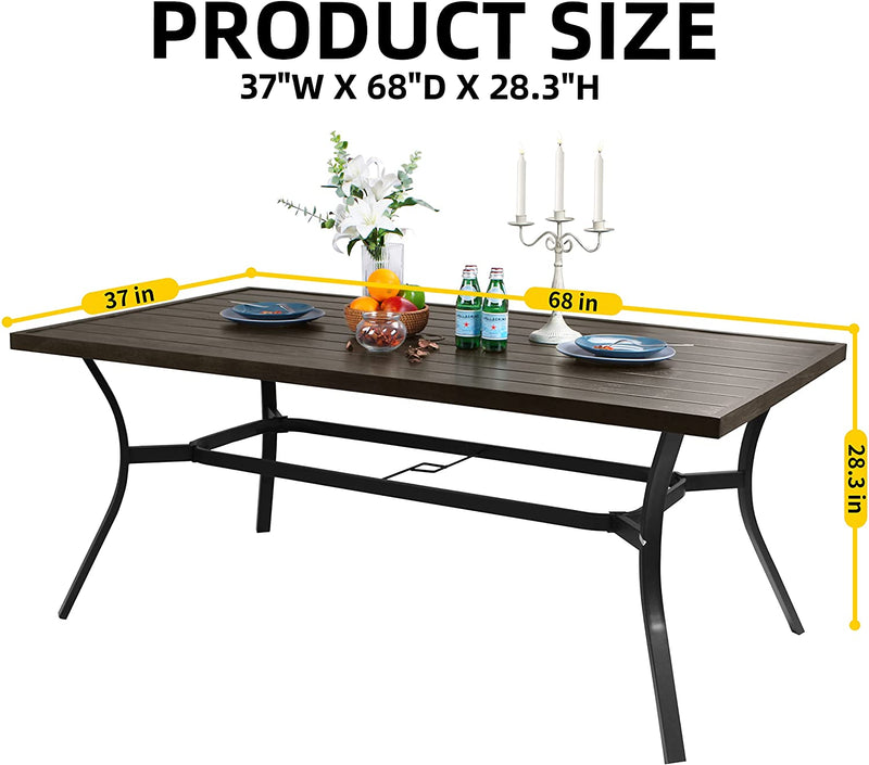 Bigroof Outdoor 68" Patio Metal Steel Classic Rectangle Dining Table Brown Imitation Wood Grain Desktop for Garden, Backyard, Deck