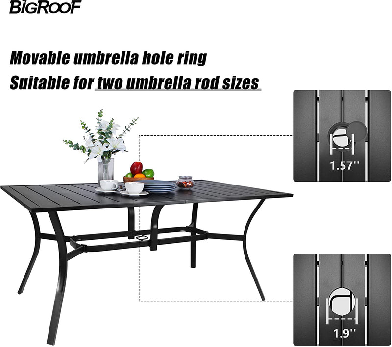 Bigroof Outdoor Table 63" Patio Metal Steel Classic Rectangle Black Dining Table with 1.57" Umbrella Hole for Garden, Backyard, Deck (63'')