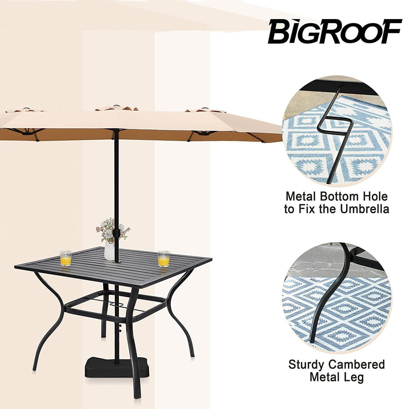 Bigroof 37" Metal Patio Dining Table Square Outdoor Dining Furniture Umbrella Table with 1.57" Umbrella Hole,Black - bigroofus