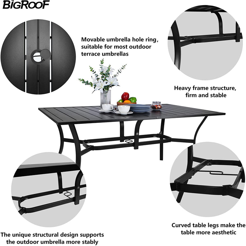 Bigroof Outdoor Table 63" Patio Metal Steel Classic Rectangle Black Dining Table with 1.57" Umbrella Hole for Garden, Backyard, Deck (63'')