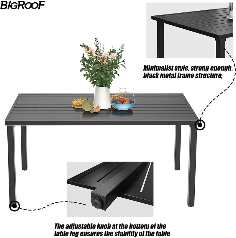 Bigroof Outdoor Table 60" Patio Galvanised Steel Metal Classic Rectangle Black Dining Table with 1.57" Umbrella Hole for Garden, Backyard, Deck
