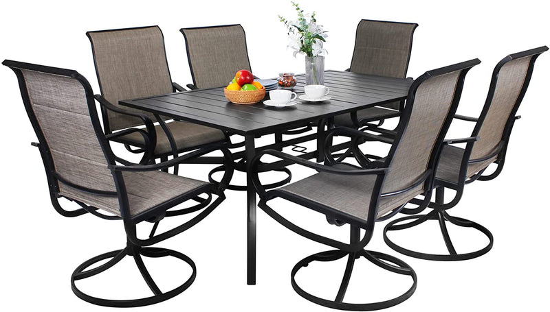 Bigroof 7 Piece Metal Outdoor Patio Dining Sets for 6, Swivel Textilene Fabric Chairs and 63" Classic Rectangle Table with Umbrella Hole