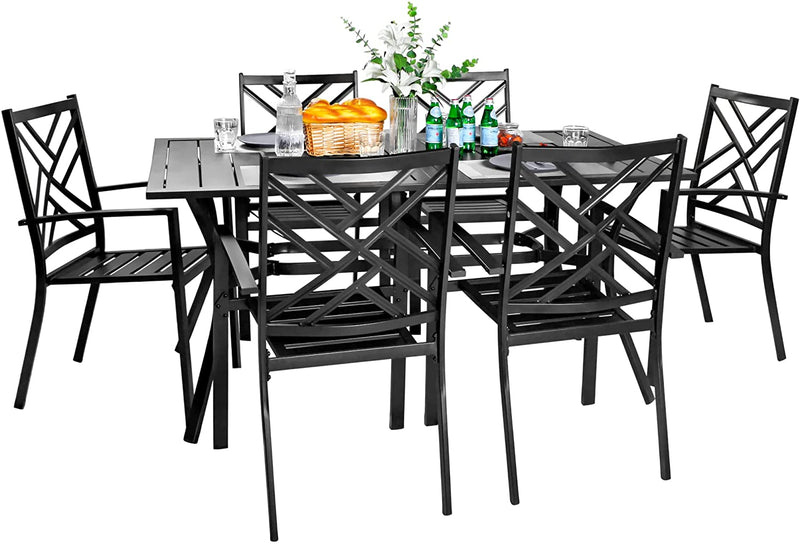 Bigroof 7 Piece Patio Dining Set, Outdoor Furniture 63" Patio Classic Rectangle Dining Table with 1.57" Umbrella Hole and 6 x Stackable Chairs for Lawn & Garden, Deck, Backyard