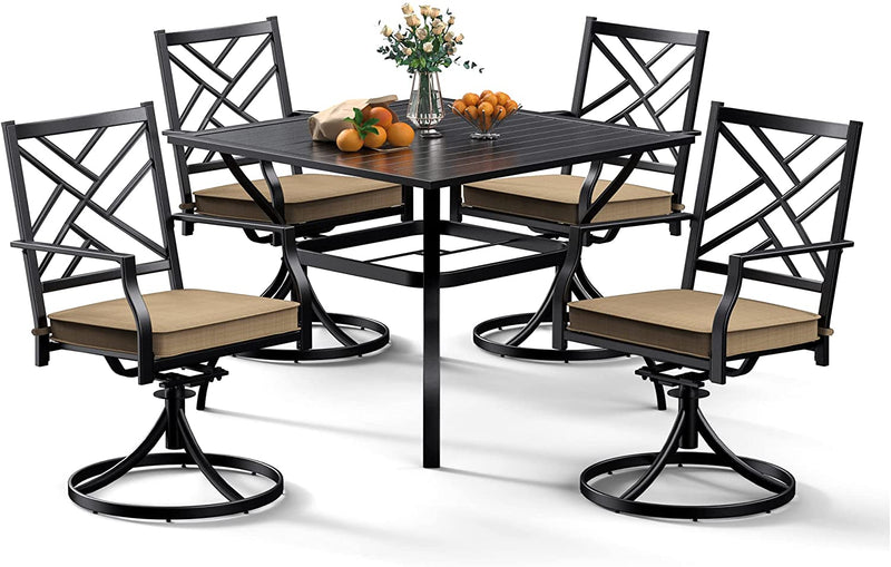 Bigroof 5 Piece Metal Outdoor Patio Dining Sets for 4, Swivel Chairs with Cushion and Steel 37" Square Table with Umbrella Hole