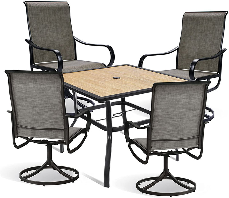 Bigroof Outdoor Dining Set 5 Pieces Patio Dining Table & Chairs Set Clearance with 4 Swivel Textilene Dining Chairs & 1 Square 37"x37" Umbrella Dining Table, for Outdoor Kitchen Lawn & Garden