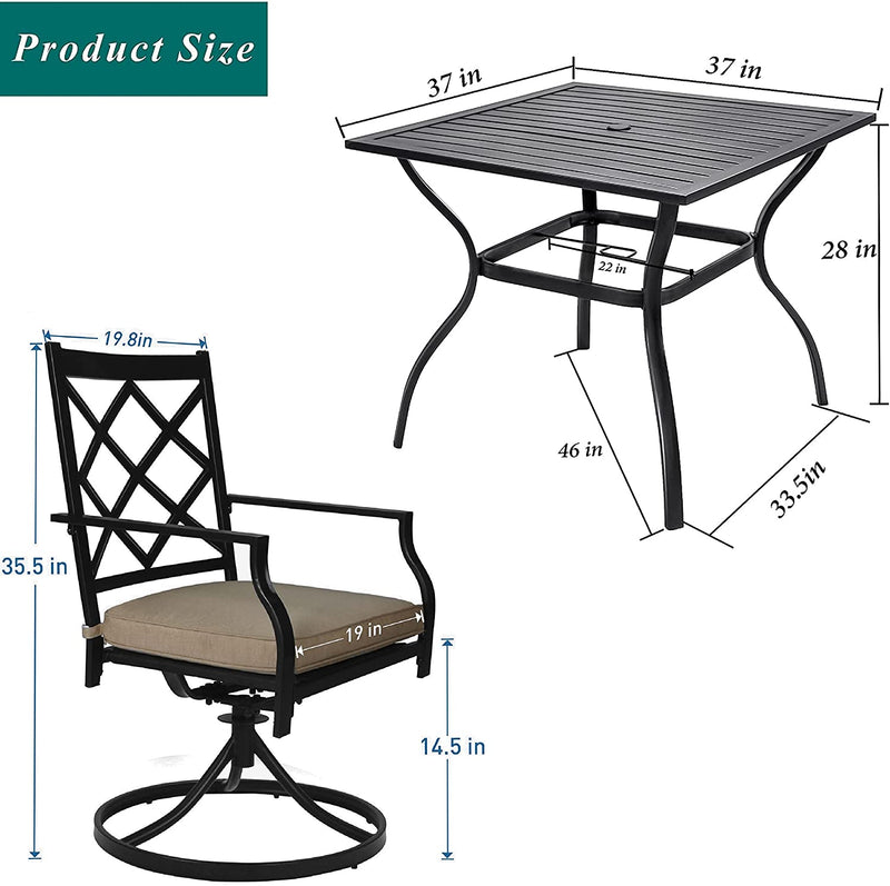 Bigroof 5 Piece Metal Outdoor Patio Dining Sets for 4, Swivel Chairs with Cushion and Steel 37" Square Table with Umbrella Hole