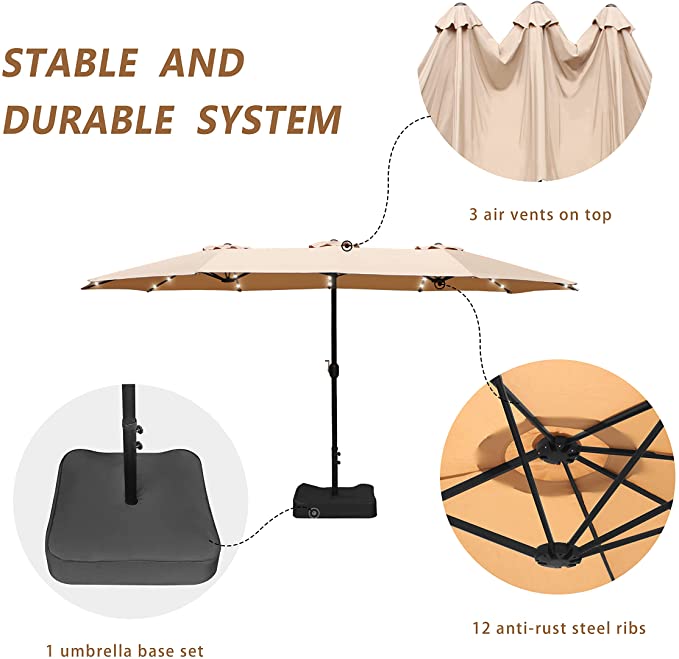 Bigroof 15ft Double-Sided Patio Umbrella with 36 LED Solar Lights, Twin Extra Large Umbrella with Crank Handle & Umbrella Base for Garden Market Pool Backyard
