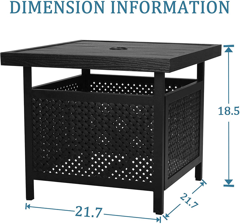 Bigroof Outdoor Patio Side Coffee Table Metal 22'' Square Umbrella Table with 1.57" Umbrella Hole and Black Imitation Wood Grain Desktop for Garden, Poolside, Deck