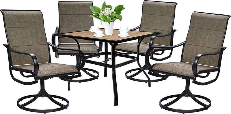 Bigroof 5 Piece Patio Dining Set for 4, 4 Outdoor Swivel Chairs with Textilene Fabric & 1 37" Square Wood-Like Table with 1.57" Umbrella Hole for Outdoor Deck, Bistro, Café, Patio, Lawn & Garden