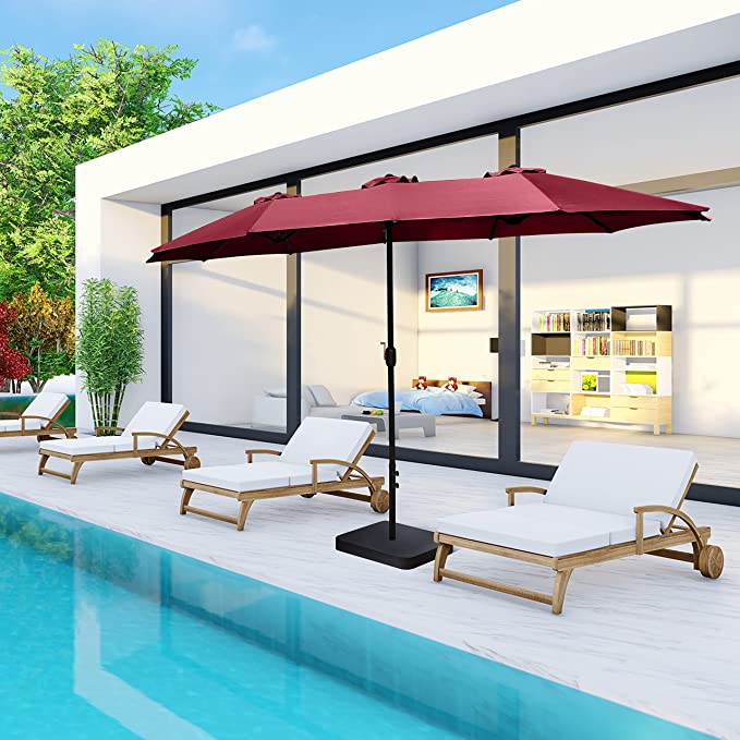 Bigroof 15ft Double-Sided Patio Umbrella Twin Extra Large Umbrella with Crank Handle & Umbrella Base Beige