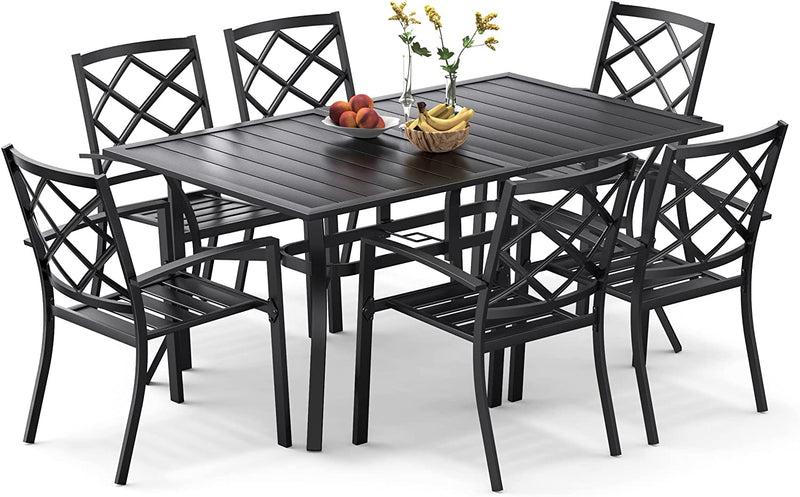 Bigroof 7 Piece Metal Outdoor Patio Dining Sets for 6, Stackable Chairs and 63" Classic Rectangle Table with Umbrella Hole