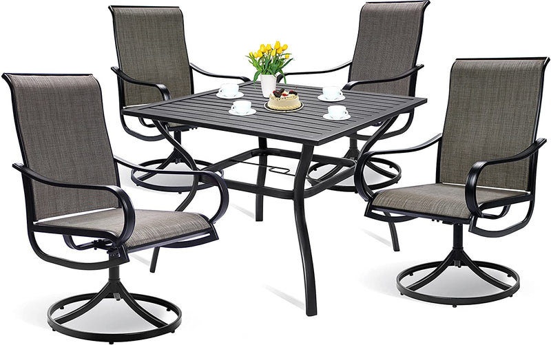 Bigroof Patio Dining Set for 4, 5 Piece Outdoor Table and Chairs Dining Set with 1 Square 37" Metal Steel Slat Patio Umbrella Table (1.57" Hole) & 4 Textilene Swivel Chairs for Patio, Lawn & Garden
