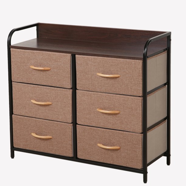 Bigroof 6 Drawer Double Dresser Chest Storage Cabinet for Livingroom, Bedroom Fabric Brown
