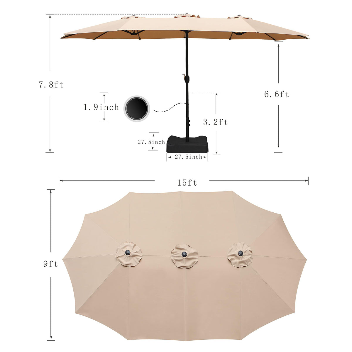 Bigroof 15ft Double-Sided Patio Umbrella Twin Extra Large Umbrella with Crank Handle & Umbrella Base Beige
