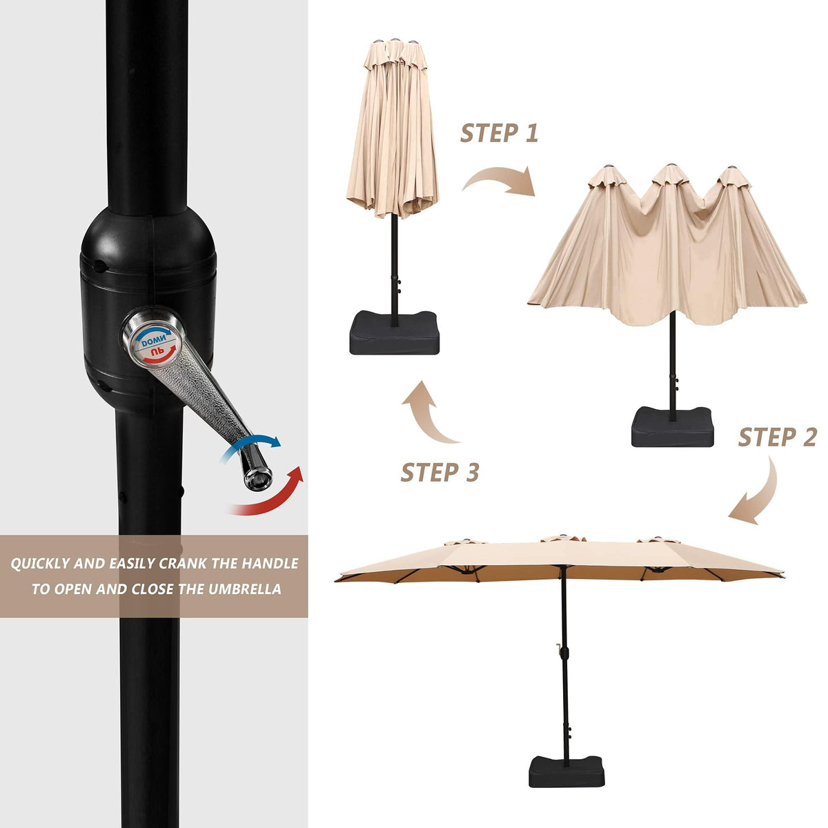 Bigroof 15ft Double-Sided Patio Umbrella Twin Extra Large Umbrella with Crank Handle & Umbrella Base Beige