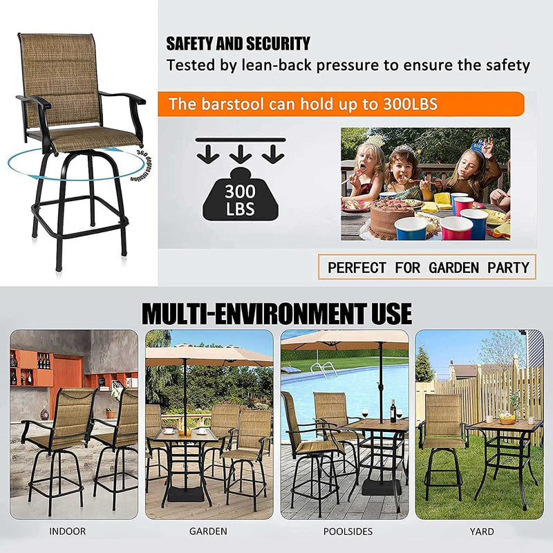 Bigroof Patio Bar Swivel Stools with High Back and Armrest, Padded Textilene 360° Swivel Chairs with Wook Like Top Table, Outdoor Furniture Set (2/4 Chairs) - bigroofus