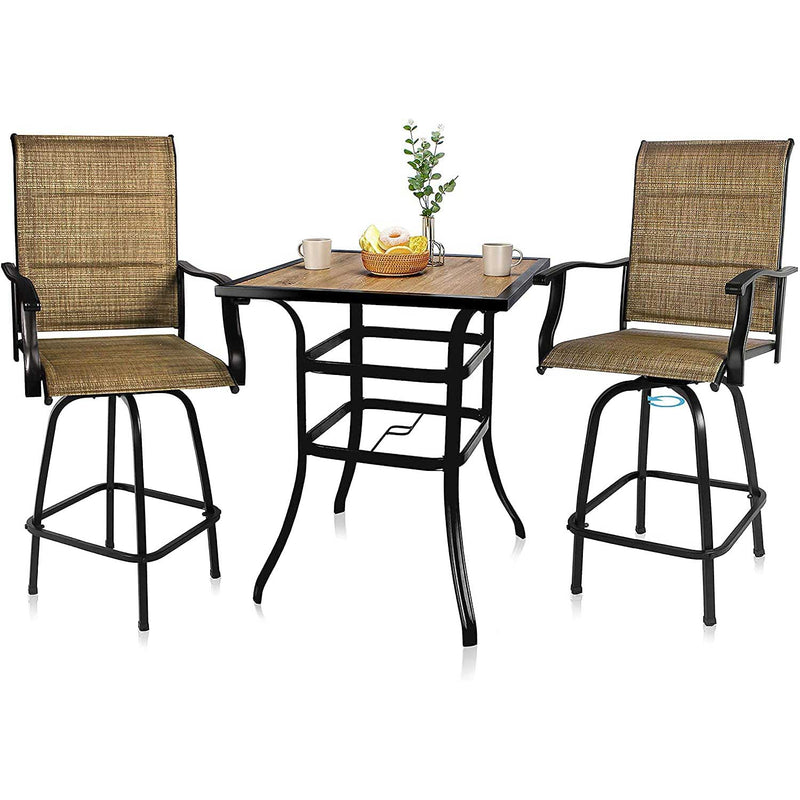 Bigroof Patio Bar Swivel Stools with High Back and Armrest, Padded Textilene 360° Swivel Chairs with Wook Like Top Table, Outdoor Furniture Set (2/4 Chairs) - bigroofus